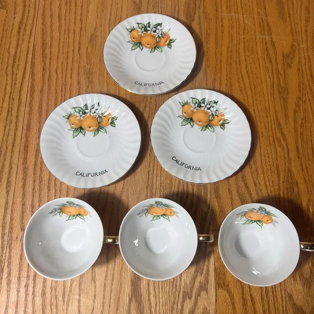 VTG SET of 3 'California' E W Princess Tea Cups Saucer Hand Painted Oranges Gold